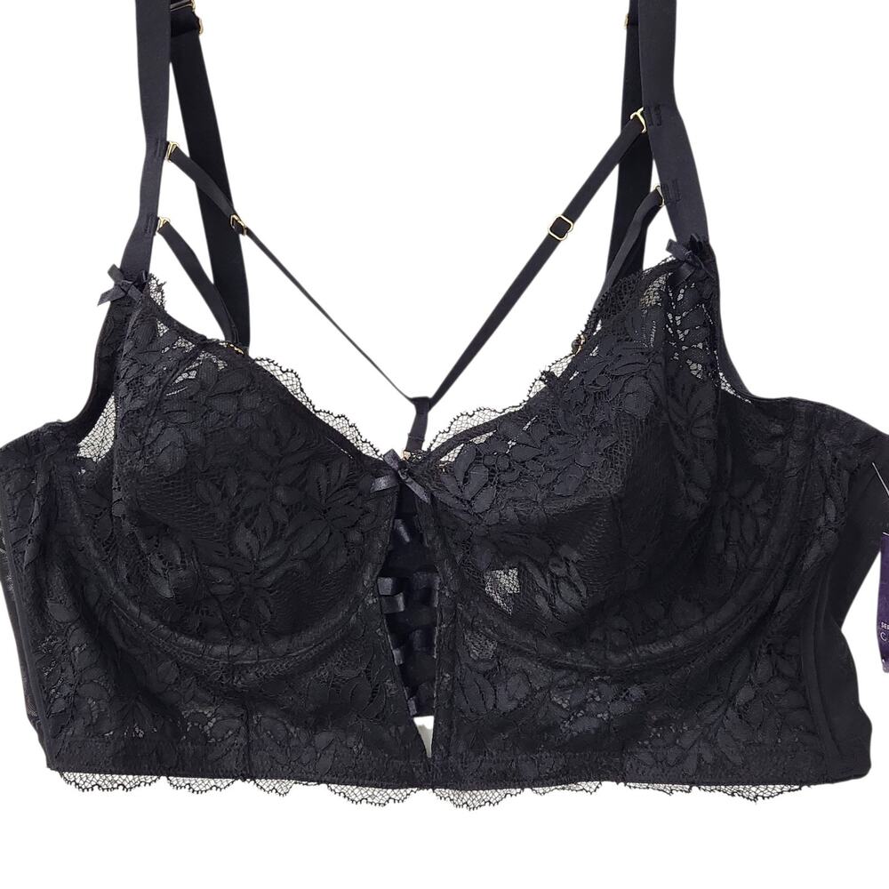 NWT CACIQUE BRA 44D BLACK LACE BOW LINGERIE SERIOUSLY SEXY STRAPPY VALENTINES